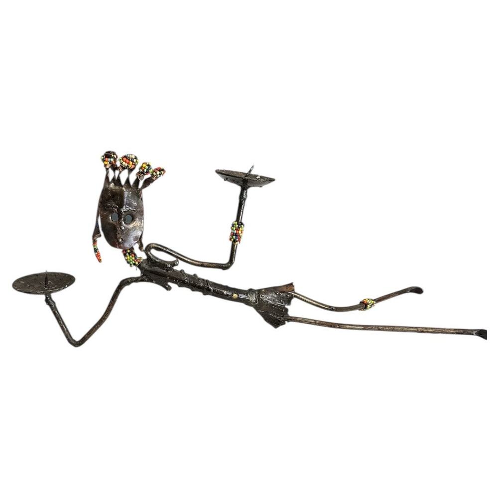 African Tribal Hand Made Bronzed Steel Reclined Woman Beaded Accents